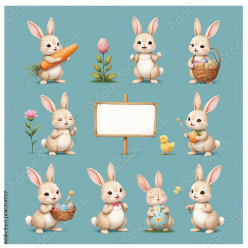 Cute cartoon bunnies engaged in Easter-themed activities like painting eggs, holding carrots, and carrying baskets, arranged around a blank wooden sign on a teal background.