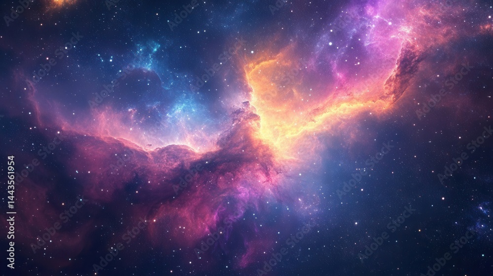 Obraz premium Stunning cosmic nebula glowing in hues of purple, blue, and orange among shining stars in the vast universe.