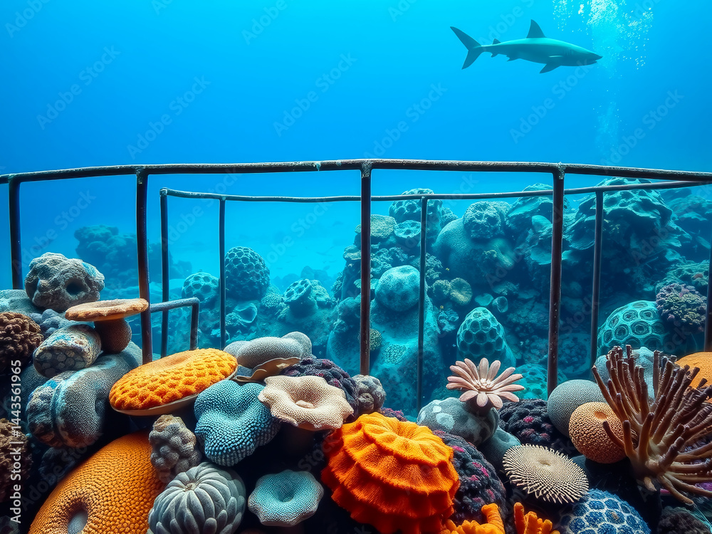 A coral reef with a shark swimming in front of it. The reef is full of colorful sea creatures, including a variety of corals and sponges