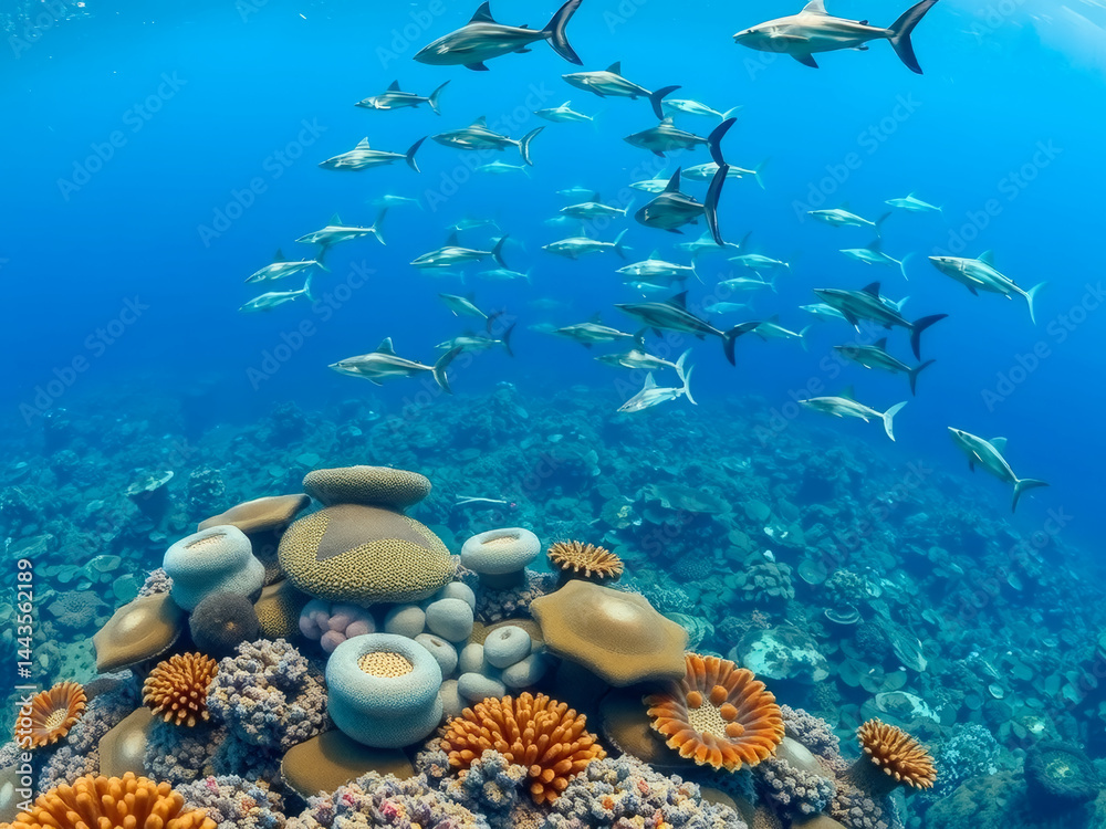 A group of sharks swimming in the ocean near a coral reef. The reef is full of colorful fish and other sea creatures