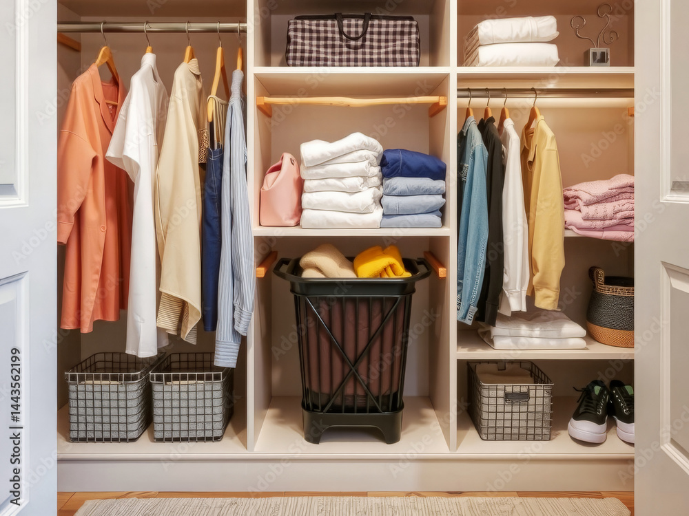 A closet with clothes and baskets. The closet is full of clothes and has a basket with a yellow sweater in it