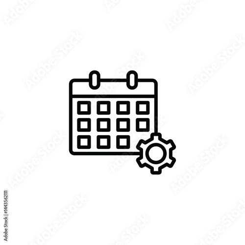 Calendar icon, gear symbol, scheduling concept, black and white, simple line drawing, minimalist design, organizational tool, time management, efficiency, planning, appointment booking, productivity