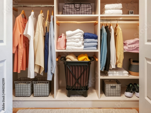 Obraz na płótnie A closet with clothes and baskets. The closet is full of clothes and has a basket with a yellow sweater in it w salonie