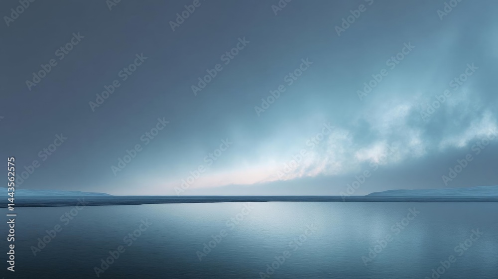 Obraz premium Landscape photograph of a vast body of water. the water is calm and still, reflecting the sky above. the sky is a deep blue with a few wispy clouds scattered across it.