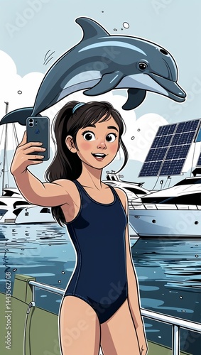 Girl taking selfie with dolphin at marina . The series of drawings is dedicated to the family of 