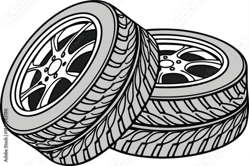 72 Car tires, automotive rubber, treaded surface, black and gray, circular shape, stacked tires, automotive parts, detailed texture, industrial design, photorealistic rendering, product photography, s