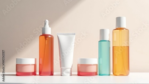 Various skincare products displayed on white surface, isolated, beauty