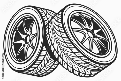 72 Car tires, automotive rubber, treaded surface, black and gray, circular shape, stacked tires, automotive parts, detailed texture, industrial design, photorealistic rendering, product photography, s