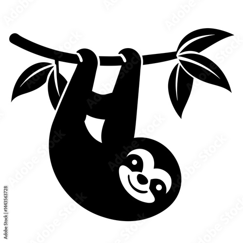Silhouette of a sloth hanging upside down from a tree branch