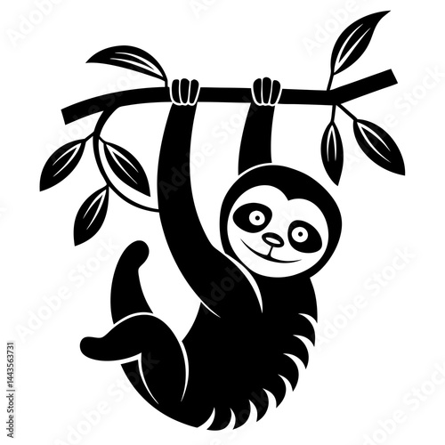 Silhouette of a sloth hanging upside down from a tree branch