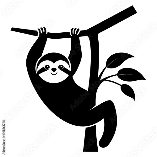 Silhouette of a sloth hanging upside down from a tree branch