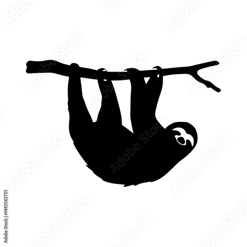 Silhouette of a sloth hanging upside down from a tree branch