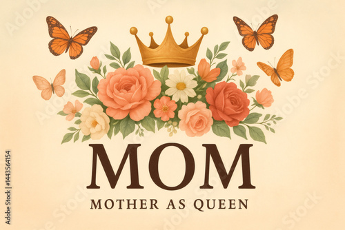 Happy mother's day floral design with crown and butterflies for mom as queen celebration card
