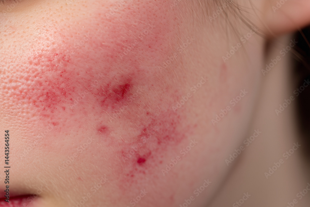 woman's face has a red mark on it. The mark is on her cheek and he is a bruise woman's face has a red mark on it. The mark is on her cheek and he is a bruise