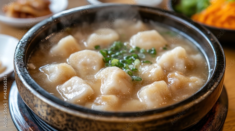 Steamed dumplings in a savory broth. A steaming bowl of dumplings, perhaps soup dumplings, bathed in a light, flavorful broth. Garnished with green onions Steamed dumplings in a savory broth. A steaming bowl of dumplings, perhaps soup dumplings, bathed in a light, flavorful broth. Garnished with green onions