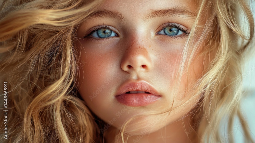 Naklejka premium A young blonde girl with blue eyes and a pinkish nose