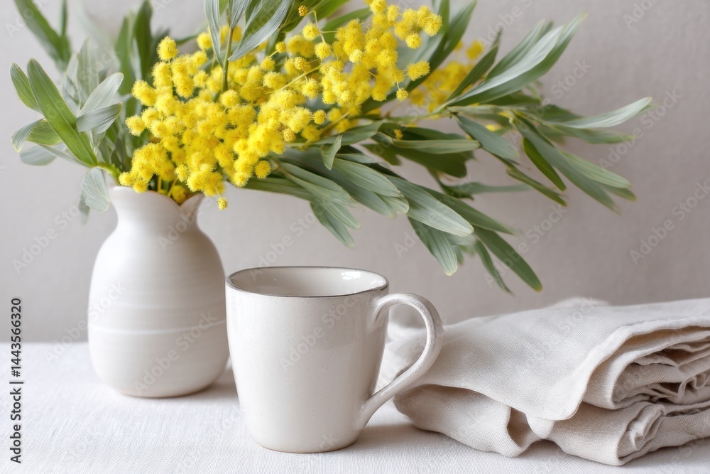 custom made wallpaper toronto digitalElegant still life composition featuring a white ceramic mug beside a soft linen cloth, complemented by a vibrant bouquet of yellow mimosa flowers in a simple vase