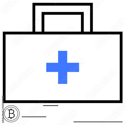Medical kit with blue cross and incorporated blockchain element. Ideal for healthcare, digital security, cryptocurrency, innovation, medical technology, secure data transfer, flat simple metaphor