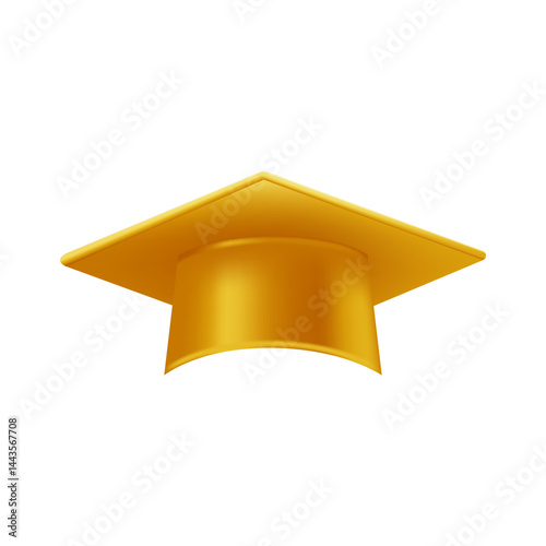Realistic gold graduate cap. 3D Graduation Doctoral hat.