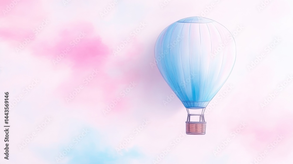 Obraz premium Blue hot air balloon floats peacefully through soft pink and blue pastel clouds during a serene daytime flight.