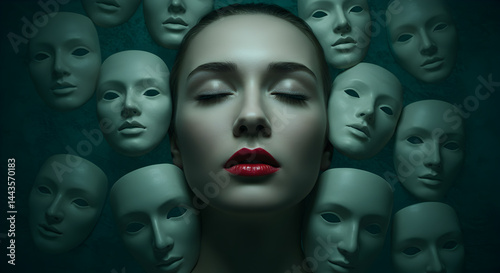 Mysterious Face of a Young Woman Surrounded by Masks in a Dark Aqua Background with Symbolic Reflections and Artifical Identities