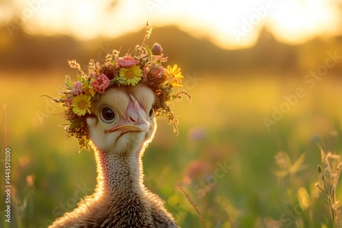 Wallpaper Mural Cute baby animal turkey wearing free flower wreath on its head. Summer happiness. Golden hour in sunset. Peaceful wildlife in a field. Tranquil wild creature in nature. Sun-kissed wild anima. Torontodigital.ca