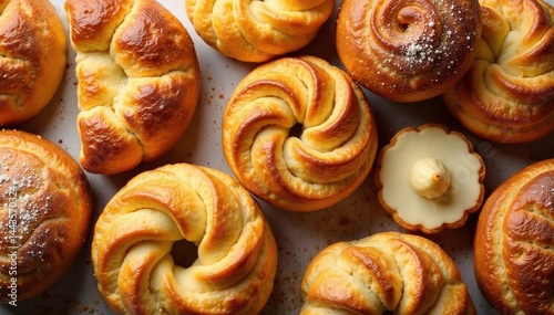 Overhead shot of assorted pastries, golden brown crust, delicious pastries, pastry, bread