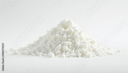 Pile of white granulated sugar on white background, sugar crystals, macro