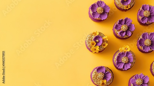 Flatlay of mini cakes featuring bold purple and golden floral decorations, arranged dynamically on a radiant yellow background with clean space.