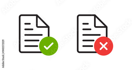 Document approve and decline with check mark and cross, designed for approval or rejection status in document management systems