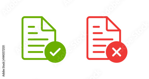 Document approve and decline with check mark and cross, designed for approval or rejection status in document management systems