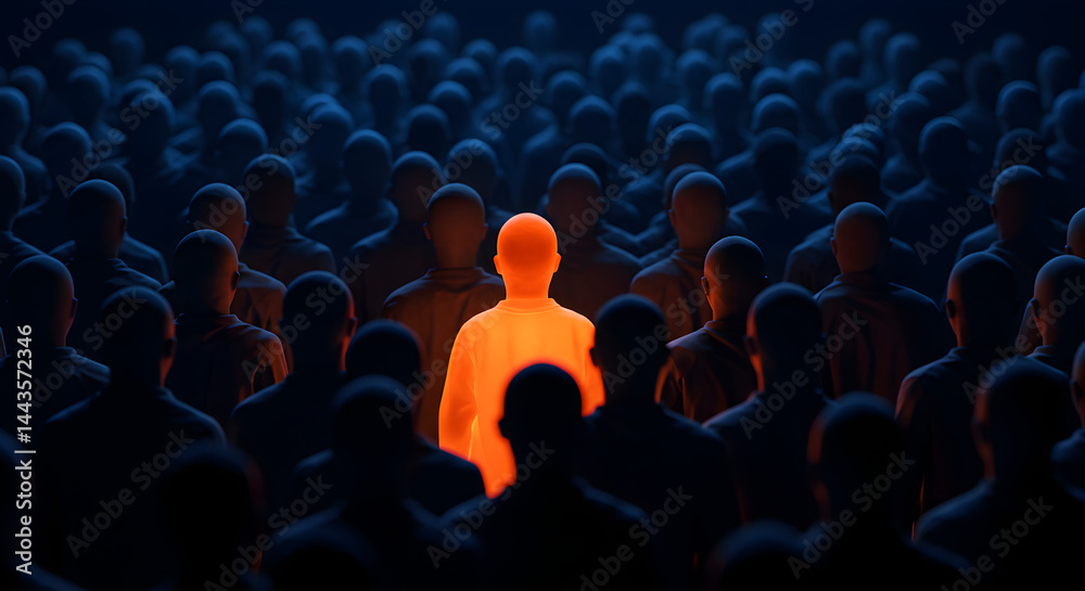 Obraz premium Vibrant Orange Figure Stands Out Among a Crowd of Dimly Lit Blue Silhouetted Individuals in a Modern Geometric Style
