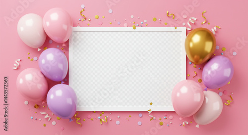 Festive balloon photo frame template in pink and gold