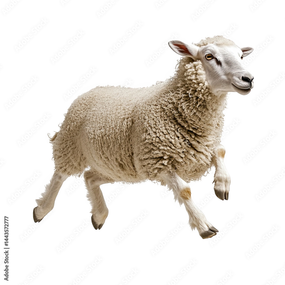 Fototapeta premium A fluffy white sheep leaps gracefully across jump wool farm cute lamb on transparent background