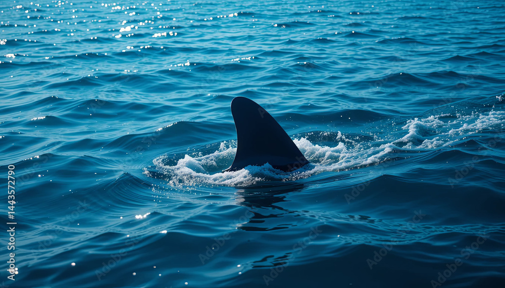 Naklejka premium A shark fin breaks the surface of the clear blue ocean, creating ripples in the water. The sun shines brightly, showcasing the tranquil environment around it