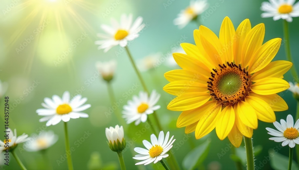 Fototapeta premium One bright yellow sunflower among white daisies, bright, texture, outstanding
