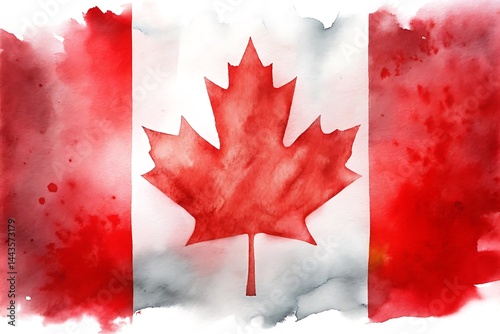 Canadian Watercolor Flag: A vibrant watercolor illustration of the Canadian flag, with the iconic red maple leaf standing out against a white background.