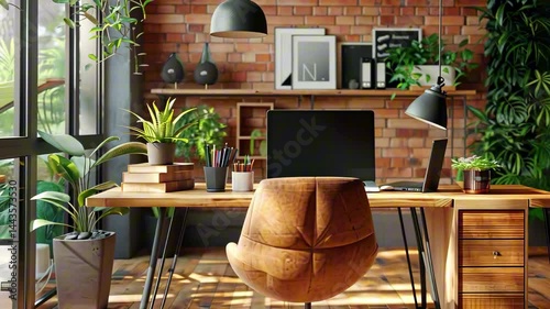 Stylish home office interior with wooden desk, laptop, potted plants and exposed brick wall under natural sunlight. Concept of modern remote workspace