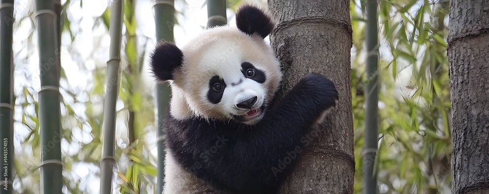 Fototapeta premium Adorable panda cub climbs a tree trunk in a forest