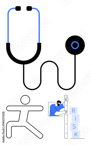 Stethoscope, running figure, and risk measurement blocks representing health, wellness, and risk management. Ideal for healthcare, fitness, safety, prevention analysis guidance simple landing page