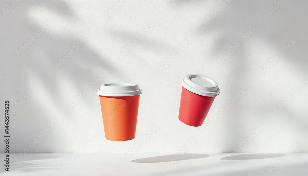 Floating coffee cups create an eye-catching display showcasing vibrant colors and unique design in a modern setting Floating coffee cups create an eye-catching display showcasing vibrant colors and unique design in a modern setting