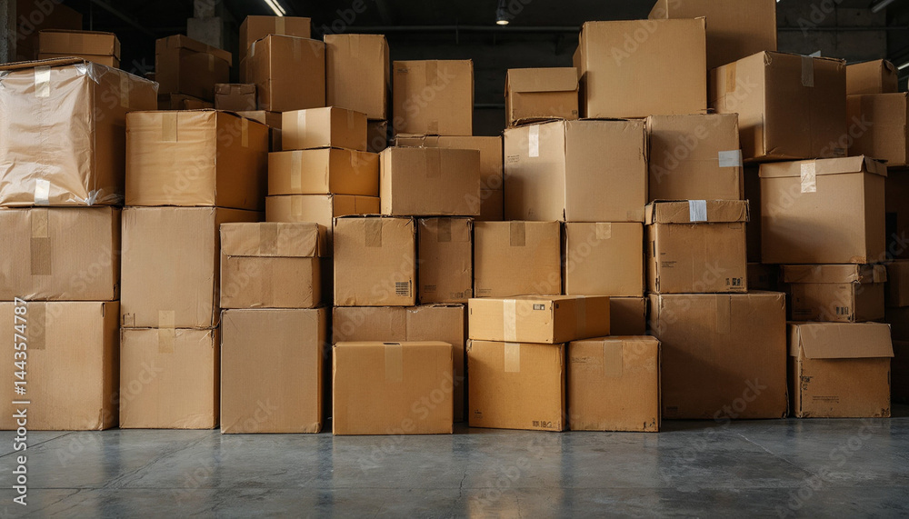 Stacked cardboard boxes in a spacious warehouse ready for shipping and storage activities during daylight hours Stacked cardboard boxes in a spacious warehouse ready for shipping and storage activities during daylight hours