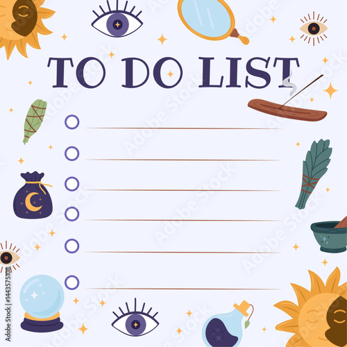 Mystical to-do list template with magical symbols, potion bottles, crystal ball, herbs, sun and moon faces, incense and witchy icons — perfect for spiritual journaling, esoteric planners.