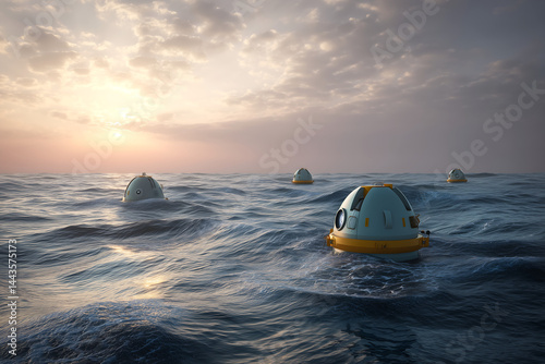 Wave energy converters in the ocean at sunrise