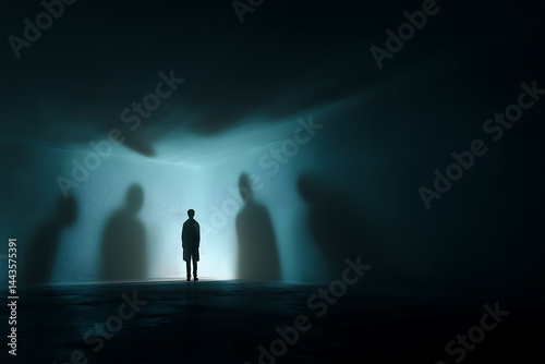 A person standing at the edge of a dark void