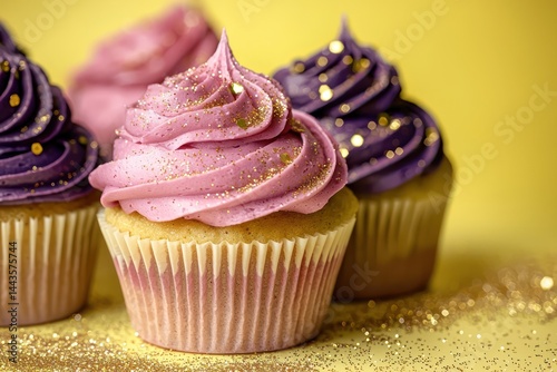 Luxurious cupcakes frosted in pink and electric purple hues, surrounded by golden sparkles on a vibrant yellow canvas.