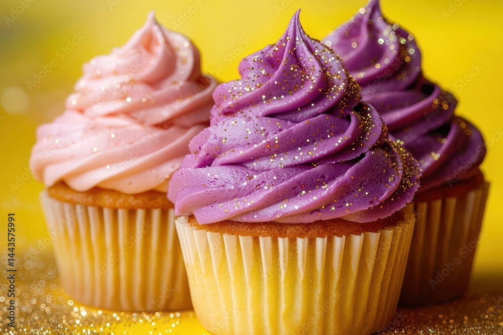 Luxurious cupcakes frosted in pink and electric purple hues, surrounded by golden sparkles on a vibrant yellow canvas.