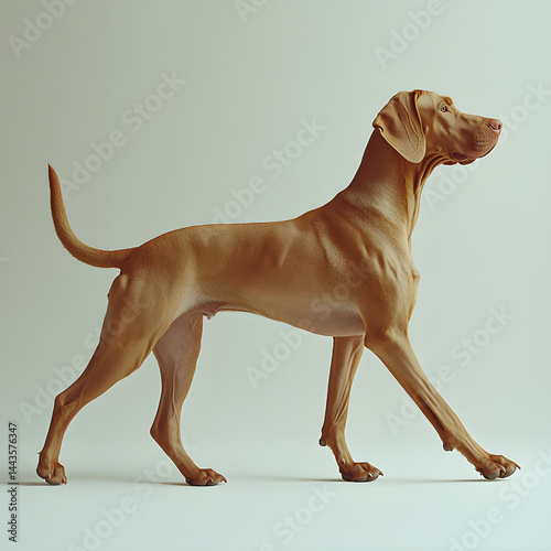 Studio shot of dog hungarian Vizsla walking isolated on white background.