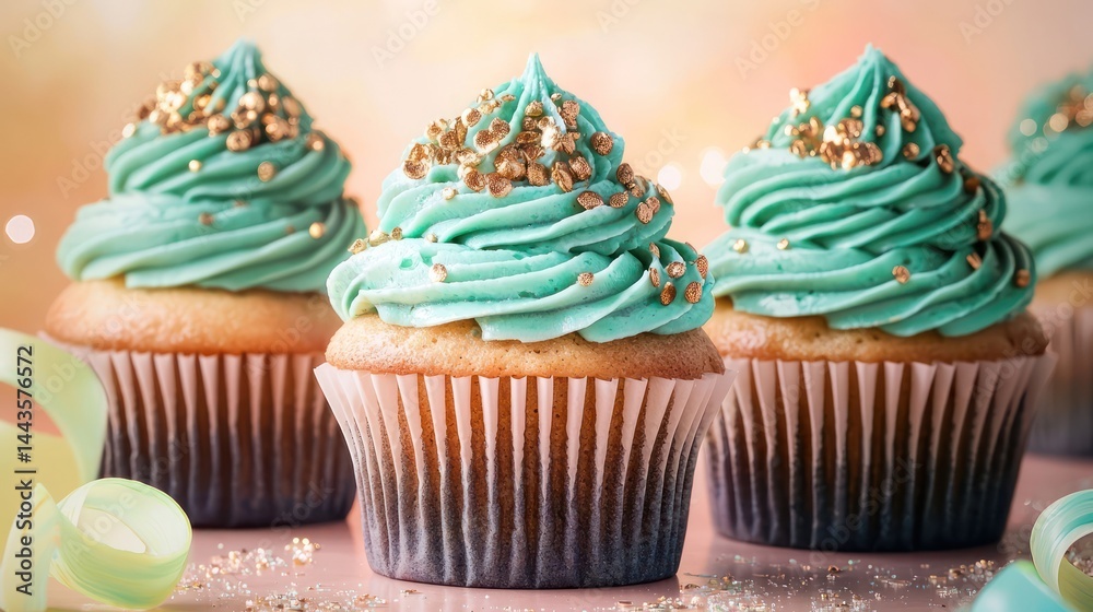 Luxurious cupcakes topped with teal and gold frosting, surrounded by shimmering abstract swirls on a soft pastel peach-to-lime gradient canvas.