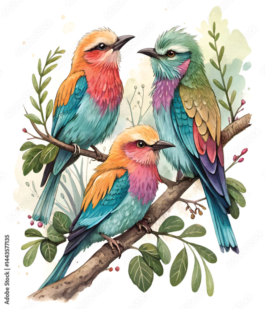 Obraz premium A colorfull cute bird's perched on branch flat print art.